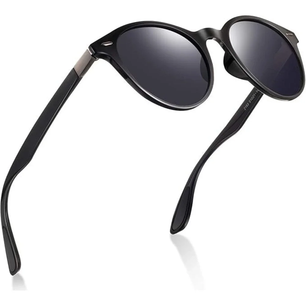 Mens Black Polarized Sunglasses Round Acetate Frame Lightweight TR90 Temples New